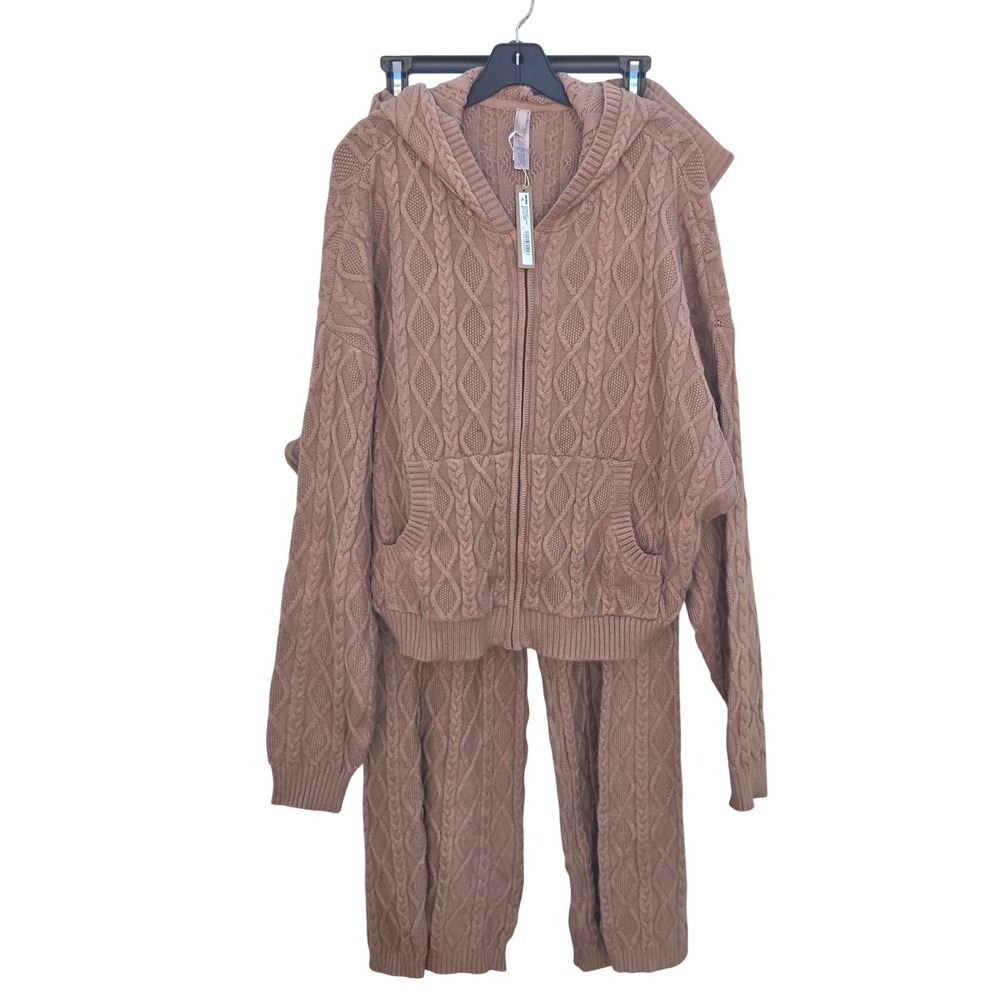 NEW SKIMS Snow Bunny Dark Honey Cableknit Shrunken Hoodie 3X Set Stretch Soft